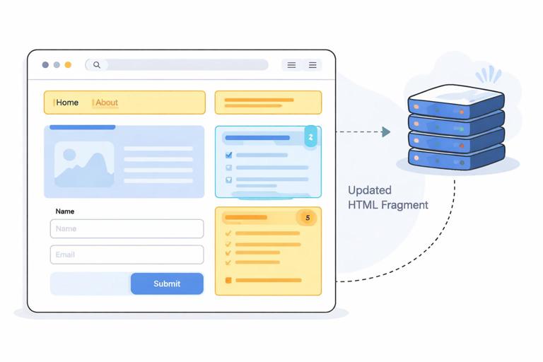 Illustration of a web browser viewport where HTML elements, links, and forms are highlighted as the main UI surface, with a server sending updated HTML fragments; clean modern flat design, clear labels, no code text, high readability.
