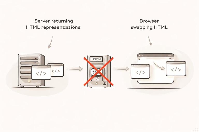 Conceptual diagram: left side labeled Server returning HTML representations, right side labeled Browser swapping HTML; a crossed-out JSON vending machine icon; arrows showing representation flow; minimalist infographic style, neutral colors, no small text.