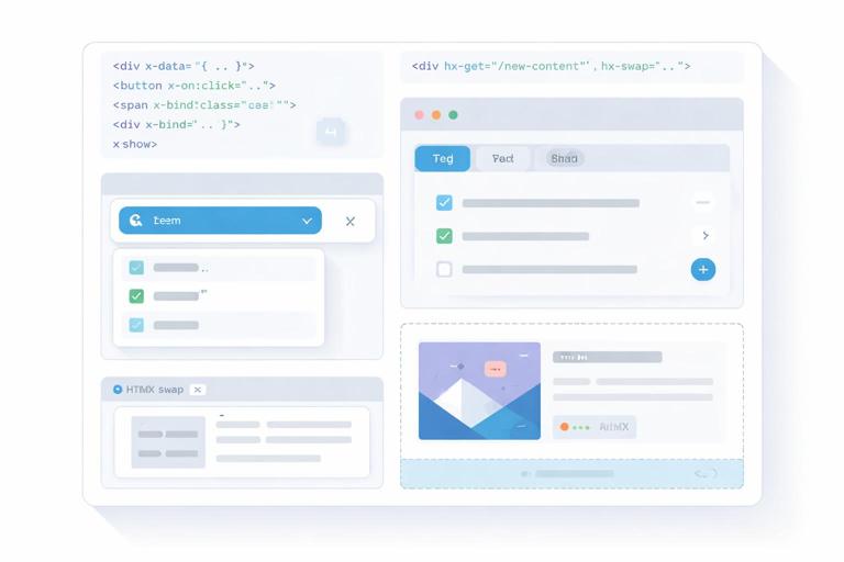 Illustration of a server-rendered web page enhanced with small Alpine.js UI widgets, showing HTML with attribute directives like x-data, x-on, x-bind, x-show. Include an HTMX swap area updating a fragment while Alpine manages local UI state like a dropdown and tabs. Clean modern flat design, developer-friendly, no brand logos, no text.