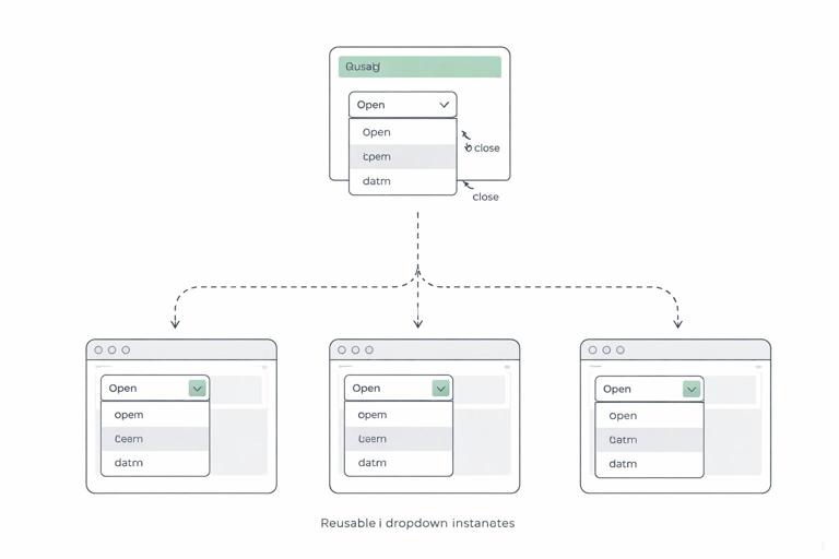 Diagram-style illustration of reusable UI components in Alpine.js using Alpine.data(), showing a dropdown component with open state, toggle and close methods, and multiple instances on a server-rendered page. Clean minimalist vector art, muted colors, no text, no logos.