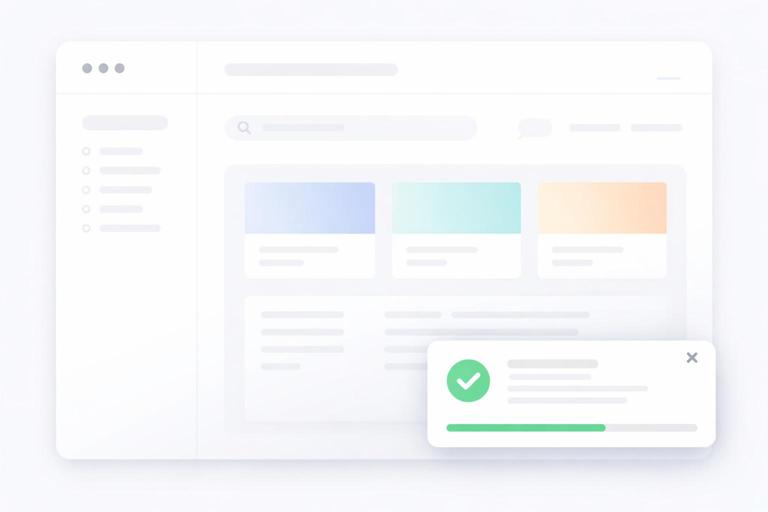 UI illustration of a web app showing a toast notification in the corner with a close button and a subtle timer concept, representing transient UI state managed by Alpine.js. Server-rendered page background, lightweight interactions, clean modern design, no text, no logos.