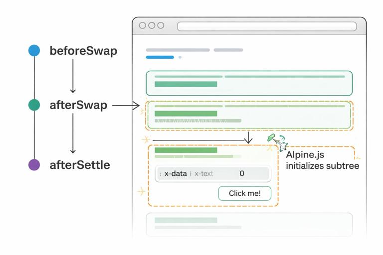 Illustration of a web page where an HTMX swap replaces a content card, and Alpine.js re-initializes directives on the new card. Show lifecycle timeline: beforeSwap, afterSwap, afterSettle, with a highlighted subtree being initialized. Clean technical diagram style, minimal colors, readable labels, no trademarks.