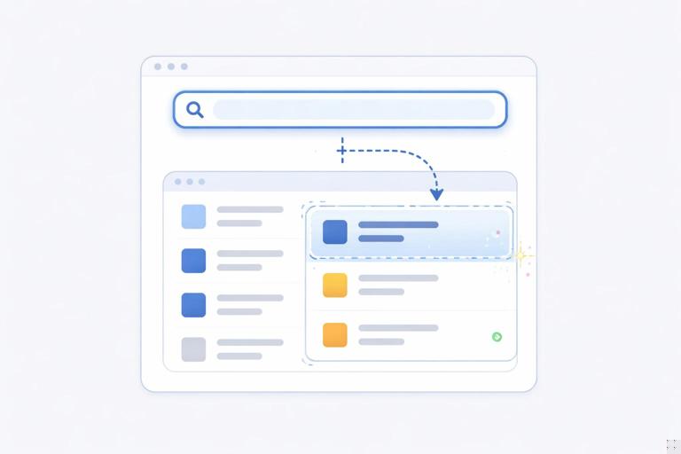 Illustration of a web app interface showing a keyboard focus ring moving from a search input to newly updated results after a partial page update, with subtle UI annotations for focus and updated region; clean, modern flat design; accessibility theme; no text in the image.