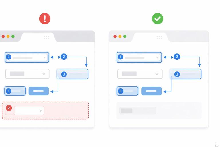 Illustration of a web UI showing tab order flow arrows and focus rings across controls, with a hidden panel incorrectly still in the tab sequence contrasted with a corrected version; modern accessible design; no text in the image.