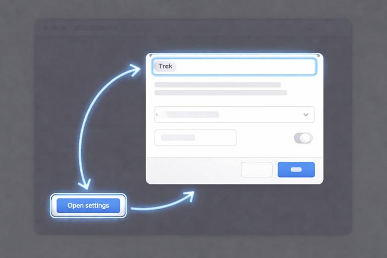 Illustration of an accessible modal dialog overlay with a visible focus ring inside the dialog, dimmed background, and an arrow showing focus moving from an Open settings button to the dialog title and back; modern UI; no text in the image.