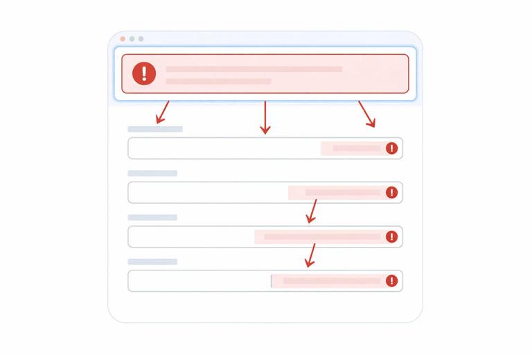 Illustration of a web form showing an error summary panel at the top and inline field errors, with focus ring on the summary and arrows linking to invalid fields; clean accessible UI; no text in the image.