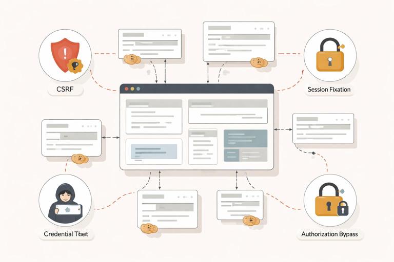 Illustration of a hypermedia web app security threat model: many small fragment endpoints, partial HTML responses flowing into UI panels, cookies attached to requests, and highlighted risks like CSRF, session fixation, credential theft, and authorization bypass. Clean modern flat infographic style, neutral colors, no text.