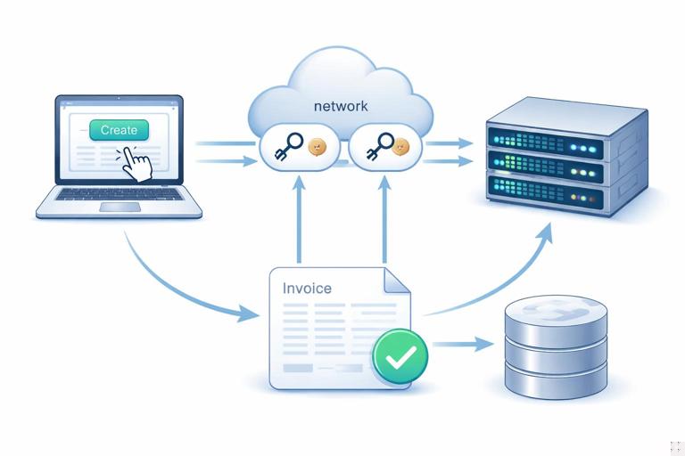 Illustration of idempotency in web requests: user double-clicks a Create button, two identical requests with same idempotency key reach server, server returns the same created invoice result once without duplication. Diagram with client, network, server, and database, clean technical style, no text.