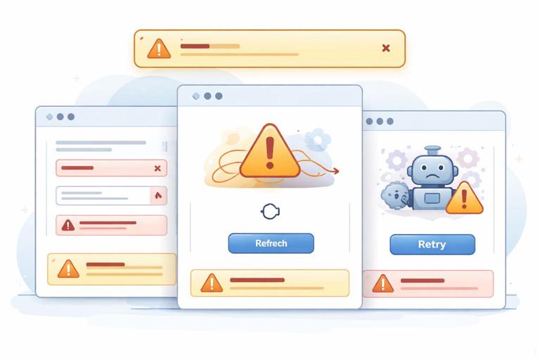Illustration of HTMX fragment error states: multiple UI panels, one panel shows a 422 validation error with inline hints, another shows 409 conflict with reload option, another shows 500 error with retry button, plus a global flash banner updated via out-of-band swap. Modern web UI diagram, no text.