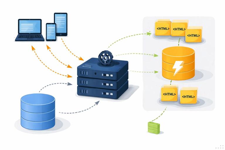 Illustration of a web server rendering HTML fragments and storing them in a cache layer (key-value cache) with arrows showing repeated requests hitting cache instead of database; clean modern flat design, developer diagram style, no text labels, high contrast.