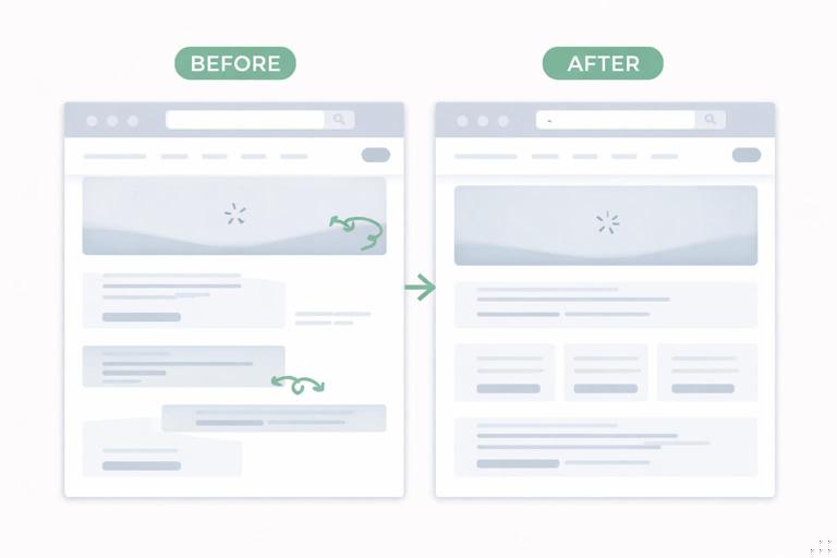 Illustration of a web page layout before and after an HTMX swap, showing content jumping versus stabilized layout with reserved space (skeleton blocks, min-height containers, image aspect ratio boxes); clean UI mockup style, no text, subtle colors.