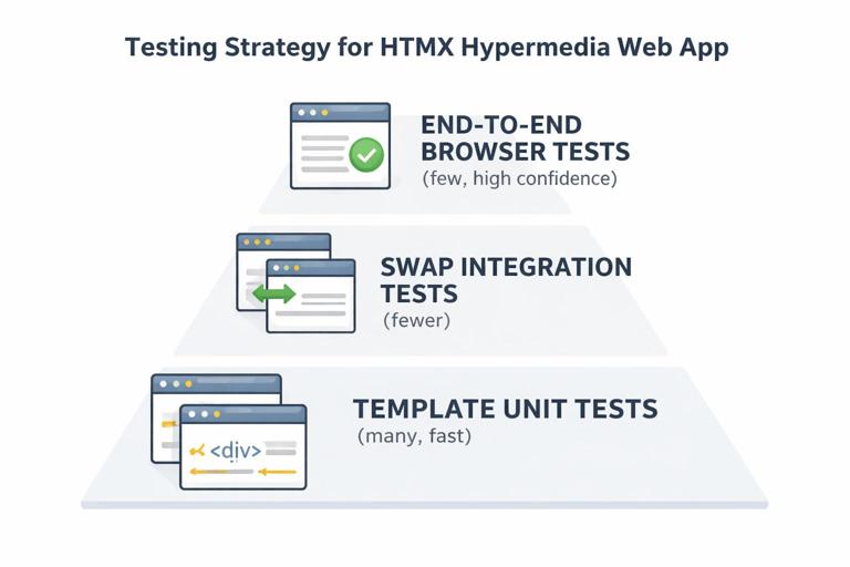 Illustration of a testing strategy for an HTMX hypermedia web app: three-layer pyramid labeled Template Unit Tests (many, fast), Swap Integration Tests (fewer), and End-to-End Browser Tests (few, high confidence); include icons for HTML fragments, DOM swap arrows, and a browser window; clean technical infographic style, flat design, neutral colors.
