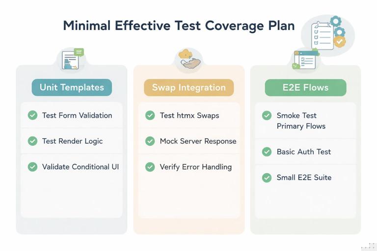 Minimal effective test coverage plan for an HTMX hypermedia app: checklist or roadmap showing three lanes (Unit templates, Swap integration, E2E flows) with a few items each; emphasize small E2E suite; modern product documentation illustration style, clean layout, muted colors, no logos.