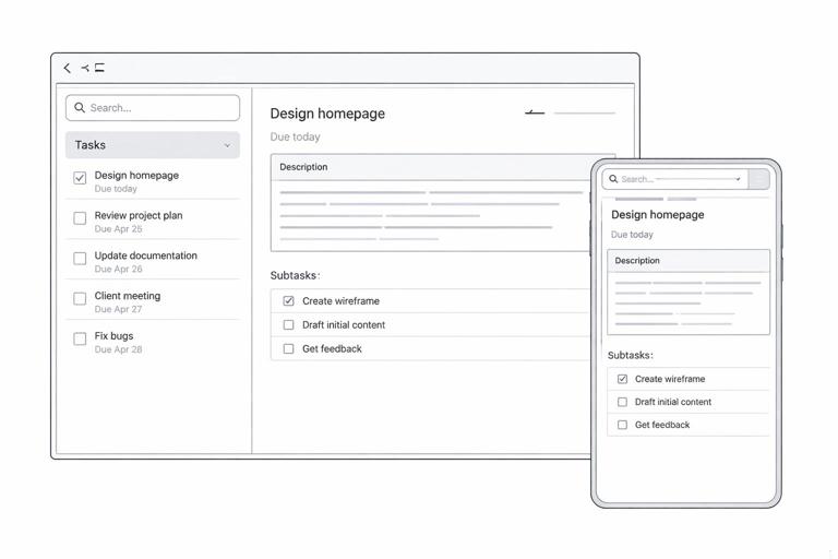 Responsive web app layout illustration showing a Task Manager with two-panel desktop view (task list left, details right) and stacked single-panel mobile view, clean UI wireframe style, neutral colors, no brand names, no logos.