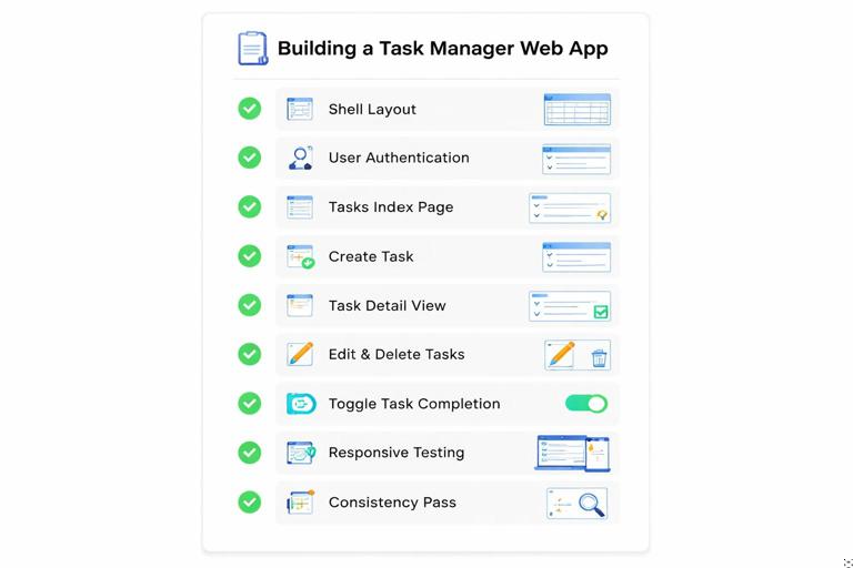 Checklist-style illustration for building a Task Manager web app: steps like shell layout, auth, tasks index, create, detail, edit, delete, toggle, responsive testing, consistency pass; clean minimal infographic on white background, modern typography, no logos.