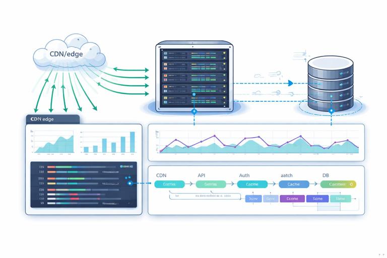 Illustration of a modern web app observability setup: a server receiving many HTTP requests, emitting structured logs, metrics charts, and distributed trace spans connected by a visible correlation/request ID line from CDN/edge through app server to database; clean technical style, readable dashboards, no text labels.