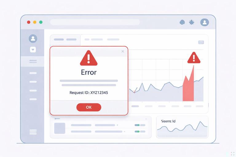 UI-focused illustration of an HTMX fragment error state: a web page with a small panel swapped in showing an error message and a visible request ID, plus an operator dashboard indicating a 5xx spike; clean flat design, no real text, just symbolic UI elements.