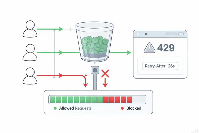 Conceptual illustration of rate limiting for a web app: token bucket or sliding window gauge controlling incoming requests from users, showing allowed vs blocked requests, with an HTMX fragment response panel for 429 and a Retry-After timer; minimalist technical diagram style, no text labels.