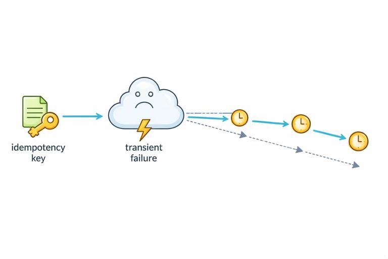 Technical diagram showing retry with exponential backoff and jitter: timeline with spaced retry attempts, a transient failure cloud, and an idempotency key protecting a write operation; clean vector style, no text labels.