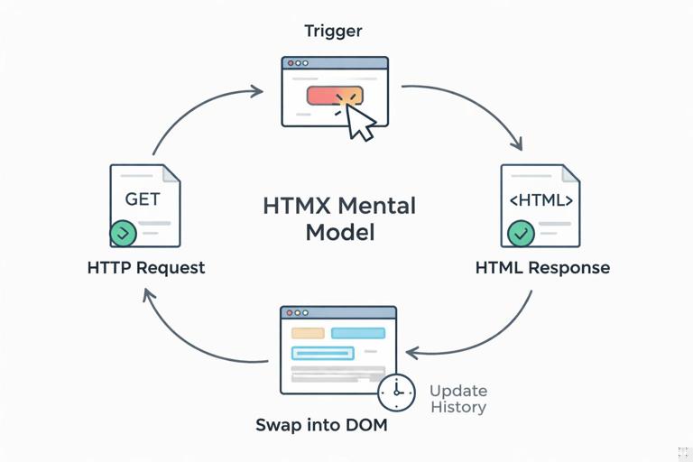 Illustration of a clean, minimal loop diagram for HTMX mental model: trigger leads to HTTP request, server returns HTML, swap into target DOM, update browser history. Flat vector style, muted colors, simple labels, developer documentation aesthetic.