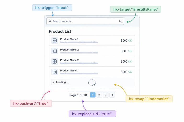 Illustration of a product list UI with a search box, results panel, pagination controls, and a loading spinner, annotated to show HTMX attributes: hx-trigger, hx-target, hx-swap, hx-push-url, hx-replace-url. Flat vector, clean web app mockup, documentation diagram style.
