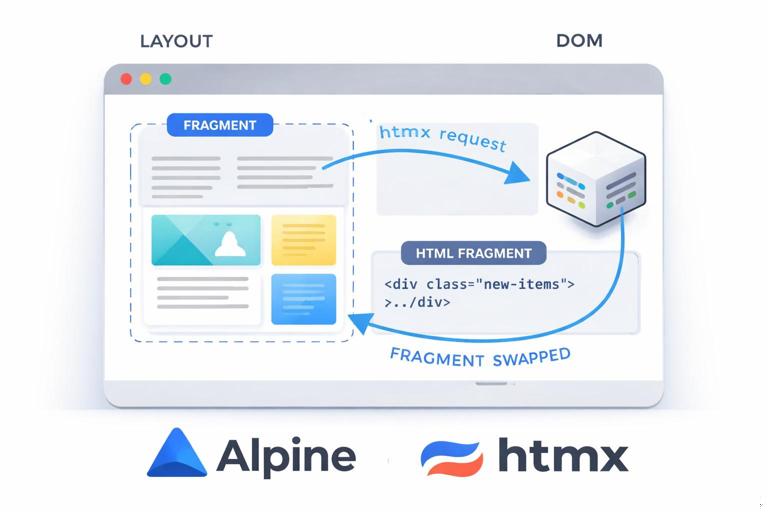 Illustration of a web page UI with one highlighted DOM region being swapped by an HTMX request, showing server returning an HTML fragment (not a full page), clean modern flat design, clear labels like fragment, layout, DOM, htmx, alpine, high resolution