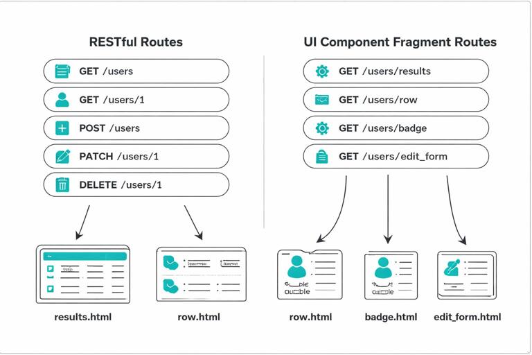 Server routing map infographic: left side RESTful model routes, right side UI component fragment routes, arrows to corresponding HTML partial outputs (results, row, badge, edit form), clean architecture diagram style, monochrome with accent color