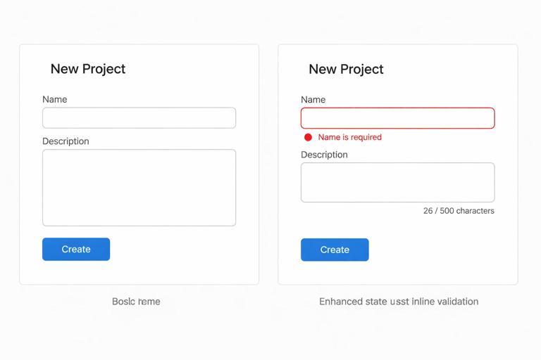 Illustration of a simple web app page titled New Project with a clean HTML form (Name input, Description textarea, Create button), and beside it a second state showing the same form enhanced with partial updates and inline validation; modern minimal UI, neutral colors, developer-focused diagram style.