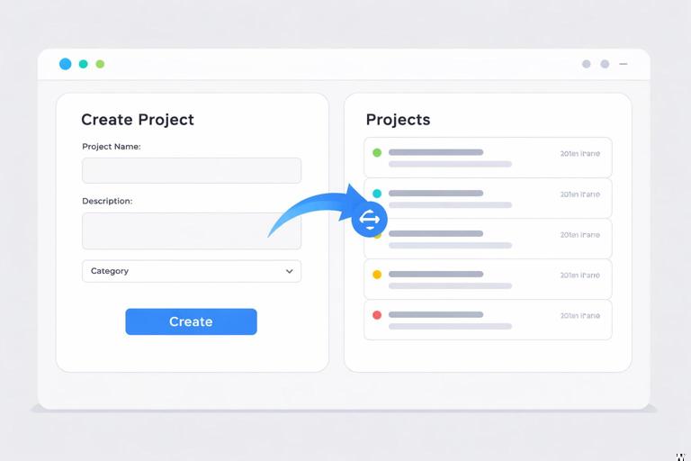 Illustration of a simple web app page layout with two sections: a Create project form on the left and a Projects list on the right, with an arrow indicating a partial update where only the list refreshes after submission; clean modern UI, flat design, high contrast, no brand logos, no text rendering artifacts.