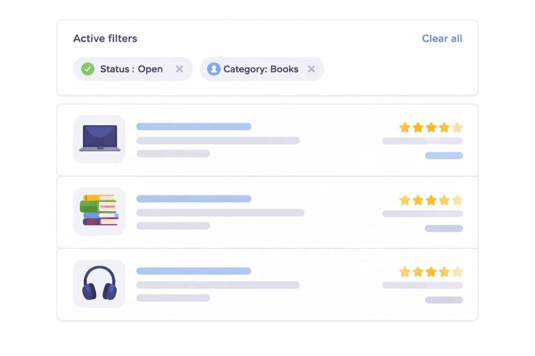 Illustration of an e-commerce or dashboard results page showing an Active filters chip bar above a results list, with removable chips like Status: Open and Category: Books; chips look clickable, clean UI, accessible design cues, flat vector style, no logos, no text artifacts.