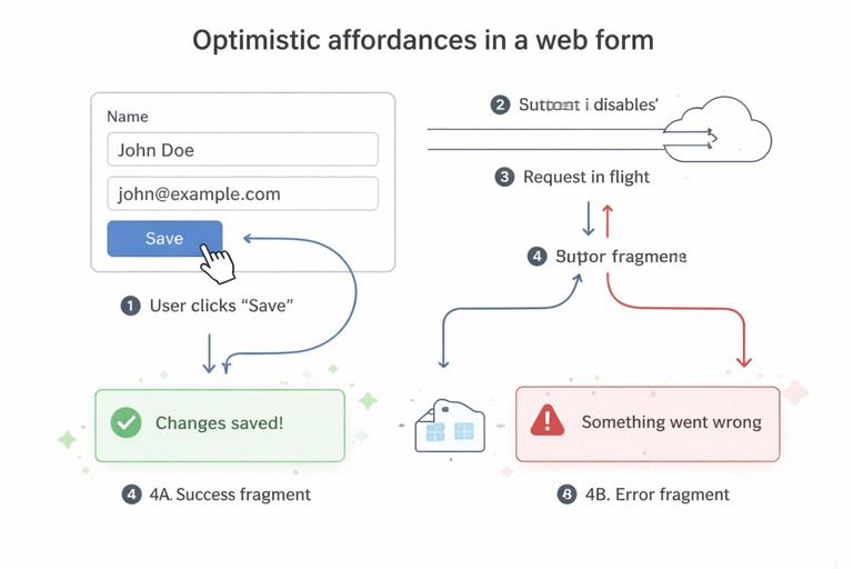 Diagram-style illustration of optimistic affordances in a web form: user clicks Save, button disables and shows spinner, request in flight, server responds with either success fragment or error fragment; include a rollback arrow on error; minimalist UI, readable labels, no branding.