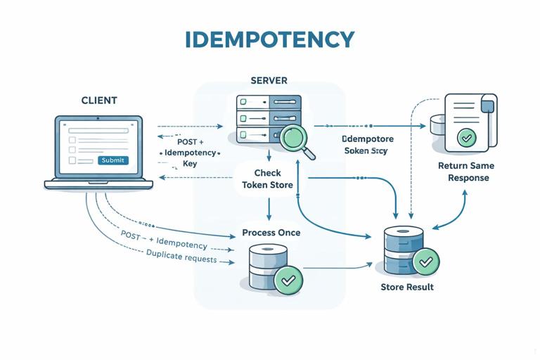 Conceptual illustration of idempotency for a form submission: a client sends POST with an idempotency key, server checks a token store, processes once, stores result, and returns the same response for retries; show duplicate requests converging to one stored outcome; clean technical infographic style.