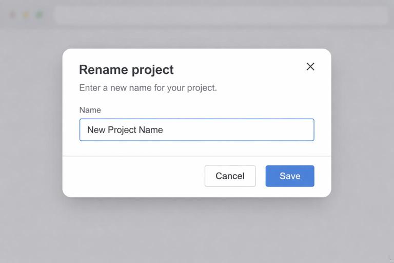 Illustration of a rename dialog inside a modal: title Rename project, short help text, a text input labeled Name with autofocus, and Cancel and Save buttons. Show subtle cues that the content is an HTML fragment swapped into a modal shell. Clean modern UI mockup, neutral colors, accessible design.