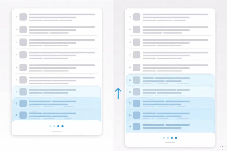 Illustration of a web feed list where new items are appended at the bottom while a small sentinel/loading element triggers the next fetch; show a contrast: left side incremental append of items 21-40 only, right side over-fetching re-downloading items 1-40 with duplicate items and scroll jump arrows; clean modern UI style, neutral colors, flat vector, no text labels, 16:9.