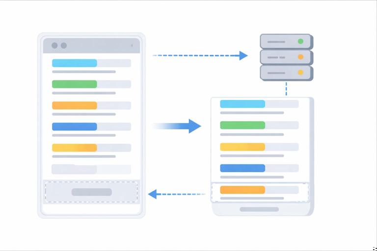 Diagram-like illustration of a webpage feed container with a list of items and a bottom sentinel element; arrows showing IntersectionObserver revealed triggering an HTMX request to the server; server returns new list items plus an updated sentinel; items are appended; clean technical schematic style, flat vector, no text labels, light background, 16:9.