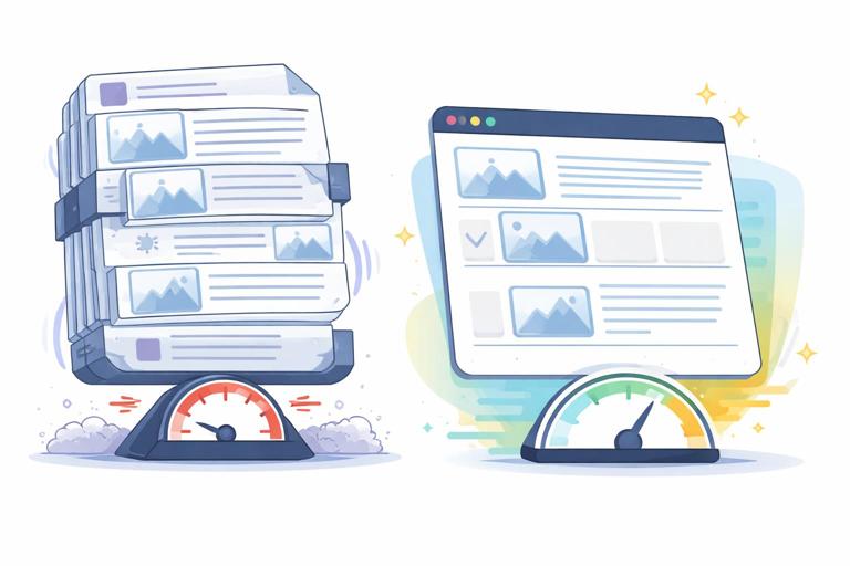 Performance-themed illustration of an infinitely scrolling list where older items are collapsed or windowed; show a DOM tree icon getting heavy vs a lightweight windowed viewport with only recent items; include hints of images with reserved placeholders to prevent layout shift; modern flat vector, no text labels, 16:9.