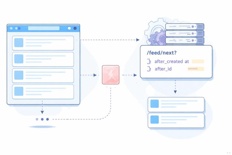 Composite technical illustration showing a web feed infinite scroll flow: browser list appending new items, an out-of-band sentinel element being replaced, and a small loading state toggle; include server endpoint /feed/next with cursor parameters after_created_at and after_id; clean modern developer-diagram style, flat vector, no text labels, 16:9.