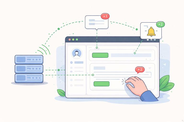 Illustration of a web app UI receiving server-sent events while a user types in a form: calm, stable interface, small UI fragments updating (badges, counters) without interrupting typing; diagram-like composition with server, event stream, browser DOM fragments, clean modern flat design, high contrast, no text.