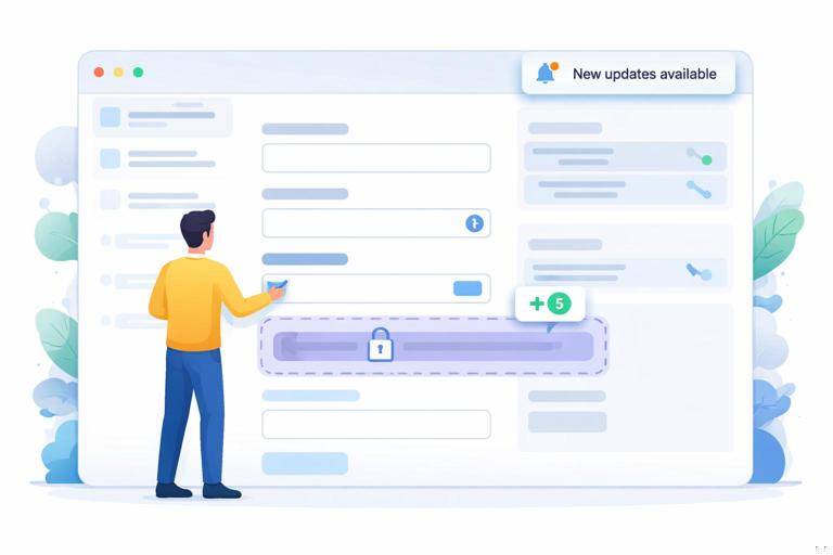 Conceptual UI scene showing a user editing a web form while background updates arrive; a guarded region is protected from swaps, and a small badge updates safely; include a subtle New updates available indicator; modern web dashboard style, clean flat illustration, no text.