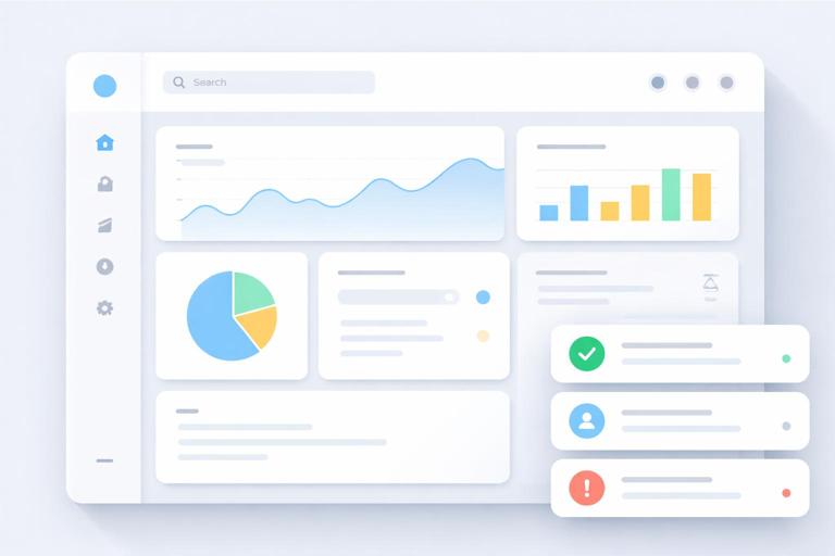 Illustration of a web dashboard showing non-disruptive toast notifications appearing in a corner while main content stays unchanged; event-driven UI concept, clean minimal flat design, soft shadows, no text.