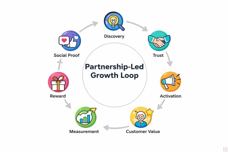 Simple 7-step circular diagram of a partnership-led growth loop with icons for discovery, trust, activation, customer value, measurement, reward, and social proof; clean infographic style on white background