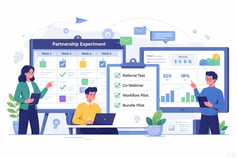 Team running a small partnership experiment: a calendar showing 2–6 weeks, checklist with referral test, co-webinar, workflow pilot, bundle pilot, and a simple dashboard with metrics; modern vector illustration, business SaaS aesthetic