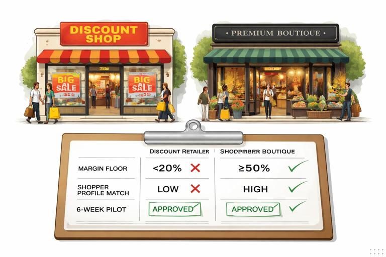 Premium food brand evaluating retail partners: two storefronts side-by-side (big discount retailer vs boutique premium store), with a scorecard showing margin floor, shopper profile match, and a 6-week pilot timeline; clean editorial illustration