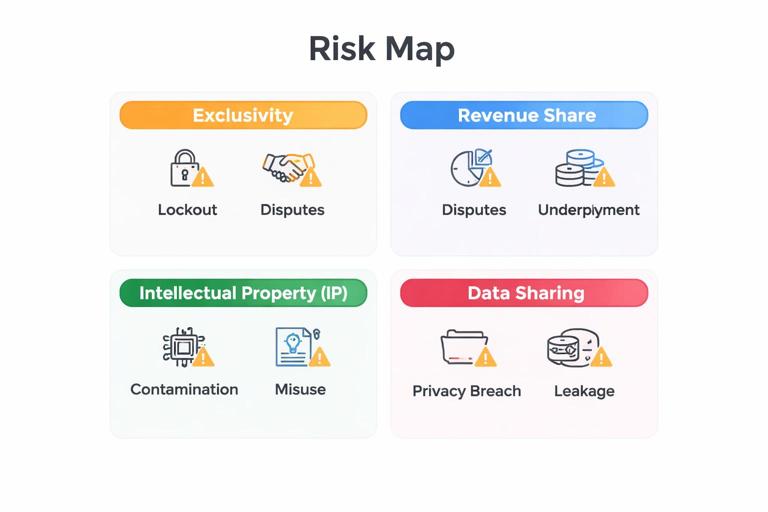 A clean, modern infographic-style risk map on a white background showing four labeled quadrants: Exclusivity, Revenue Share, Intellectual Property (IP), and Data Sharing. Each quadrant contains 2–3 small icons and short failure-mode labels (lockout, disputes, contamination, privacy breach). Professional business design, minimal color accents, high readability.