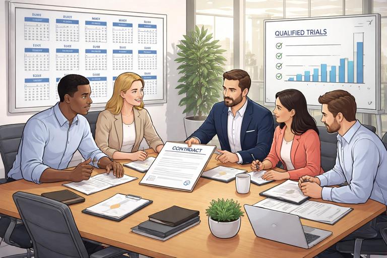 A realistic business scene illustration: a SaaS team reviewing a partnership contract with a marketplace partner, with a calendar showing 12 months, a checklist labeled carve-outs, and a dashboard showing qualified trials per quarter. Modern office, professional, clean composition, no visible brand logos.