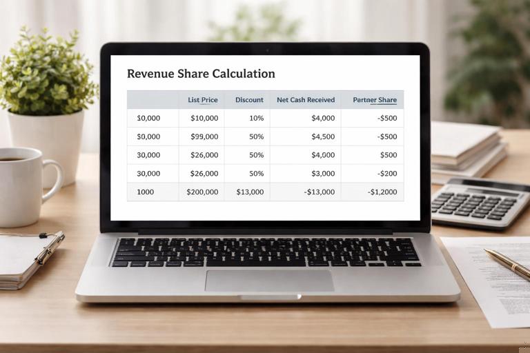 A simple financial worksheet scene: a laptop showing a revenue share calculation with columns for list price, discount, net cash received, partner share, and refund clawback. Professional finance aesthetic, clean typography, neutral colors, no real company names.