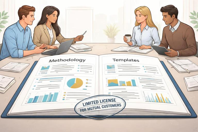 A professional illustration of two teams co-authoring a playbook: shared document on a table with clearly separated sections labeled Methodology and Templates, plus a stamped label Limited license for mutual customers. Clean corporate style, neutral palette, no brand logos.