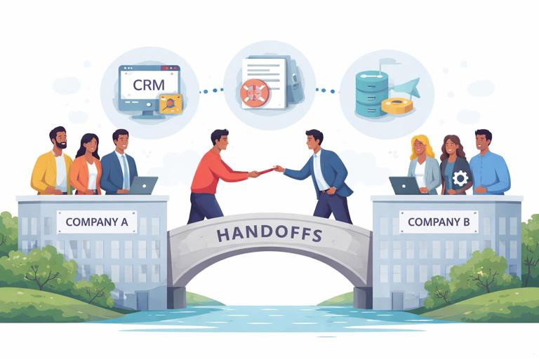 Illustration of two companies connected by a shared workflow: people passing a baton across a bridge labeled handoffs, with icons for CRM, support tickets, and data transfer; clean modern business style, flat design, muted colors, high clarity