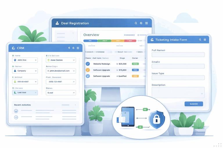 Modern operations toolkit scene: dashboard screens showing CRM fields, deal registration, ticketing intake form, and secure data transfer lock icon; office-neutral background, clean vector illustration, high readability