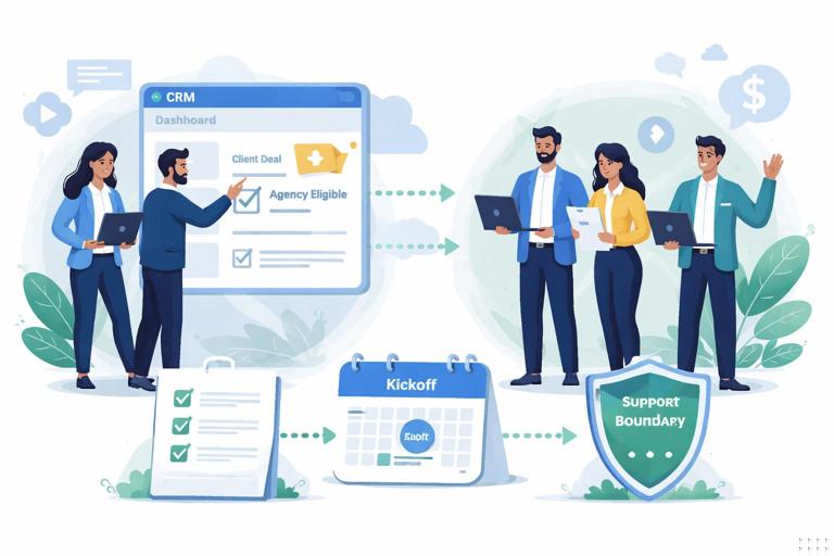 Scenario illustration: SaaS company team handing off implementation projects to an agency team; CRM deal flagged as agency-eligible; checklist, kickoff calendar, and support boundary icons; modern flat vector, professional enterprise style
